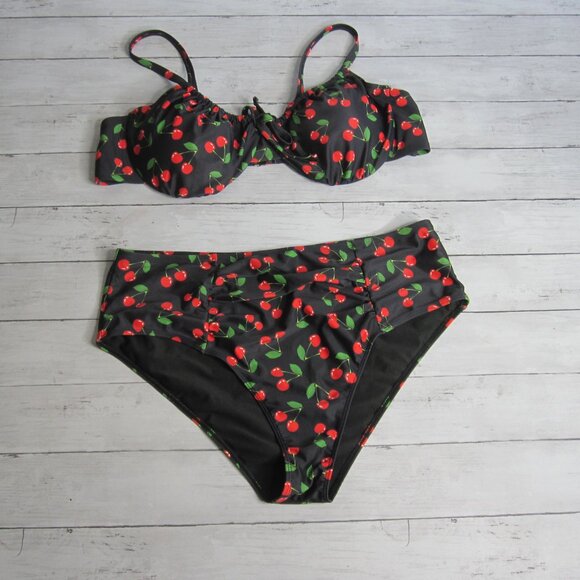 Women's Plus Size 4X Cherry 2 Piece Bikini Swimsuit High Waist Bottoms Top - Picture 1 of 6